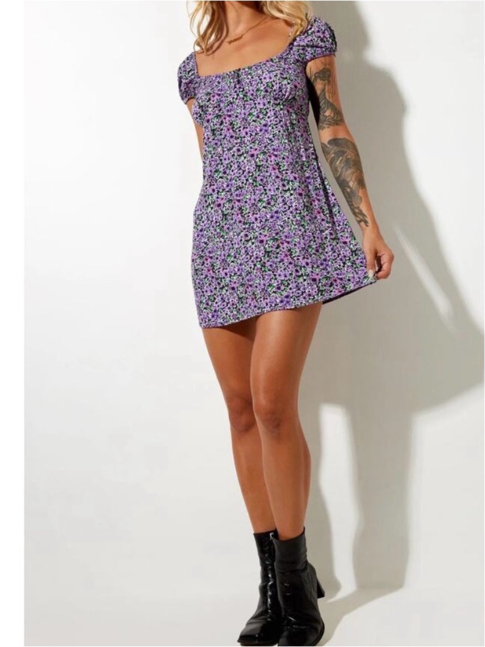 Motel Rocks purple floral short sleeve mini dress